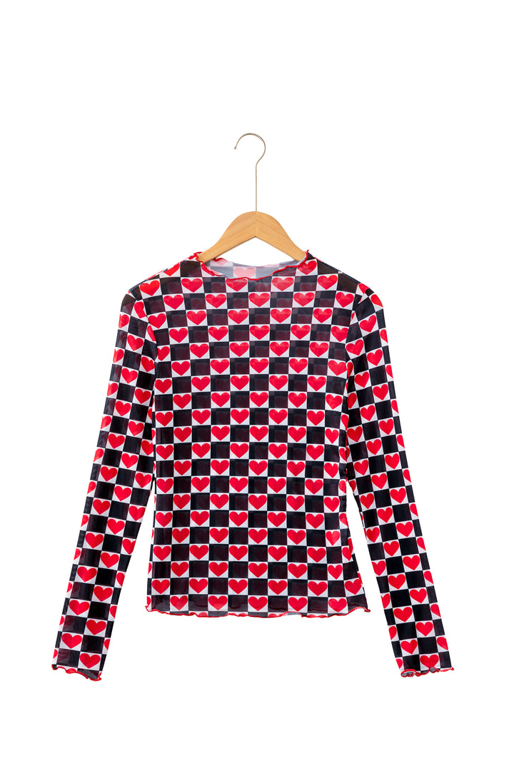 Rose Plaid Heart Mesh Sheer Long Sleeve High Neck Blouse