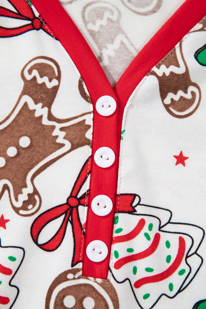 White Christmas Pattern Button V Neck Pullover Drawstring Pants 2pcs Lounge Set