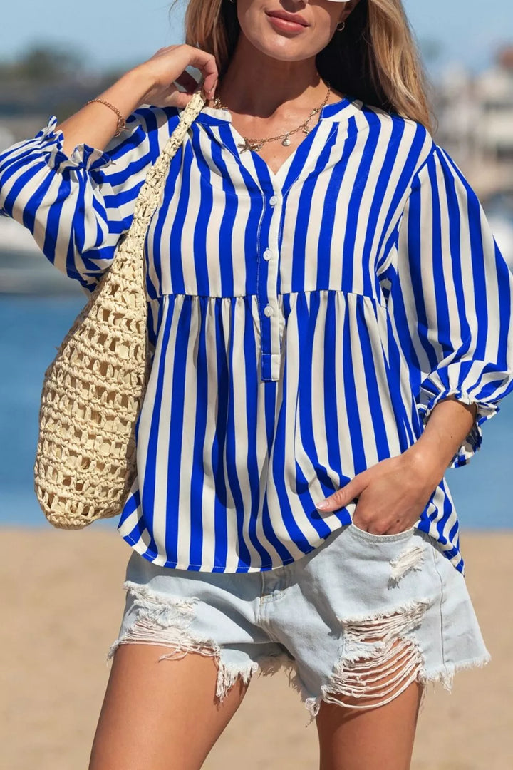Stripe Balloon Sleeve Loose Button Up Shirt
