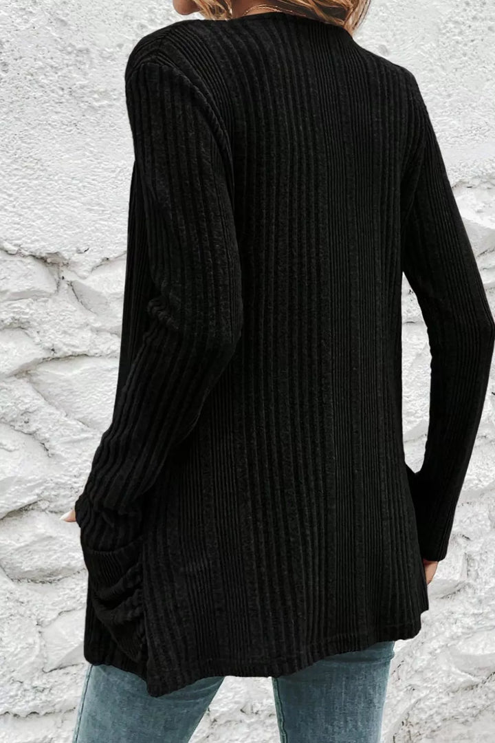 Ribbed Knit Open Front Cardigan with Pockets
