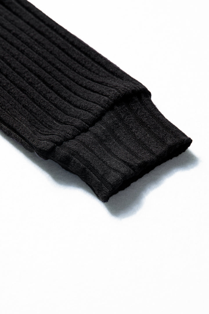 Black Ribbed Texture Round Neck Long Sleeve Rounded Hem Knit Top