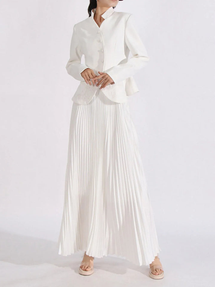 Button Up Long Sleeve Top and Pleated Skirt Set