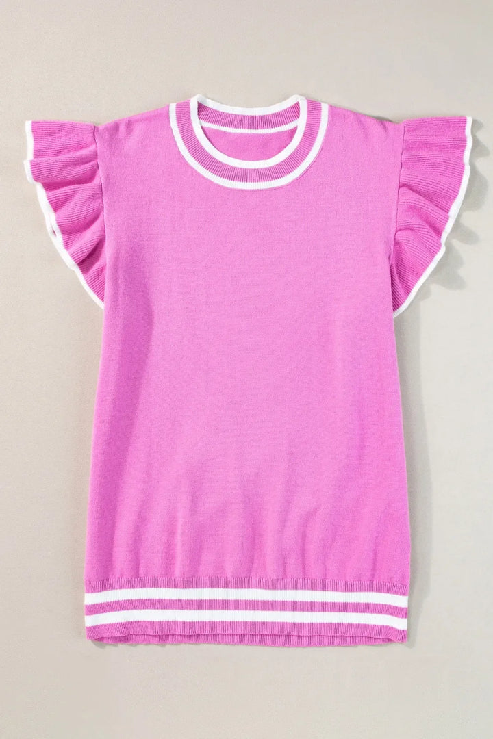 Ruffled Round Neck Cap Sleeve Knit Top