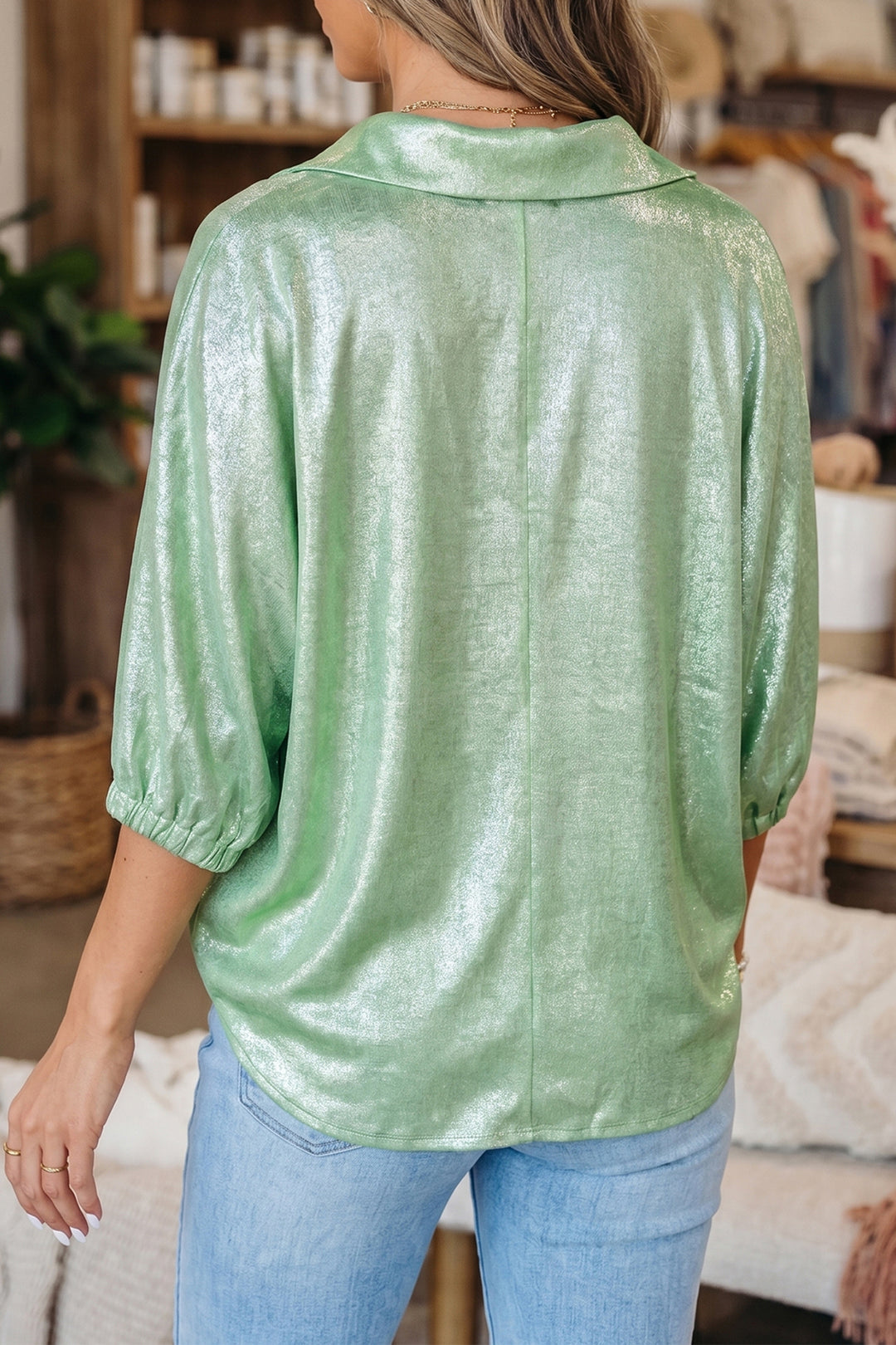 Clearly Aqua Collared V Neck Half Sleeve Metallic Top