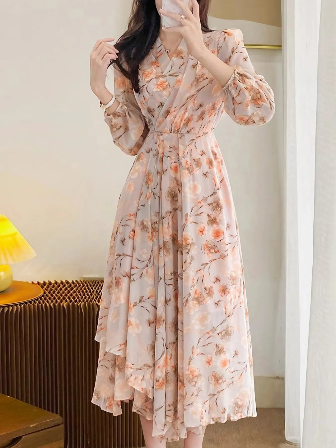 Floral Print Long Sleeve Midi Dress