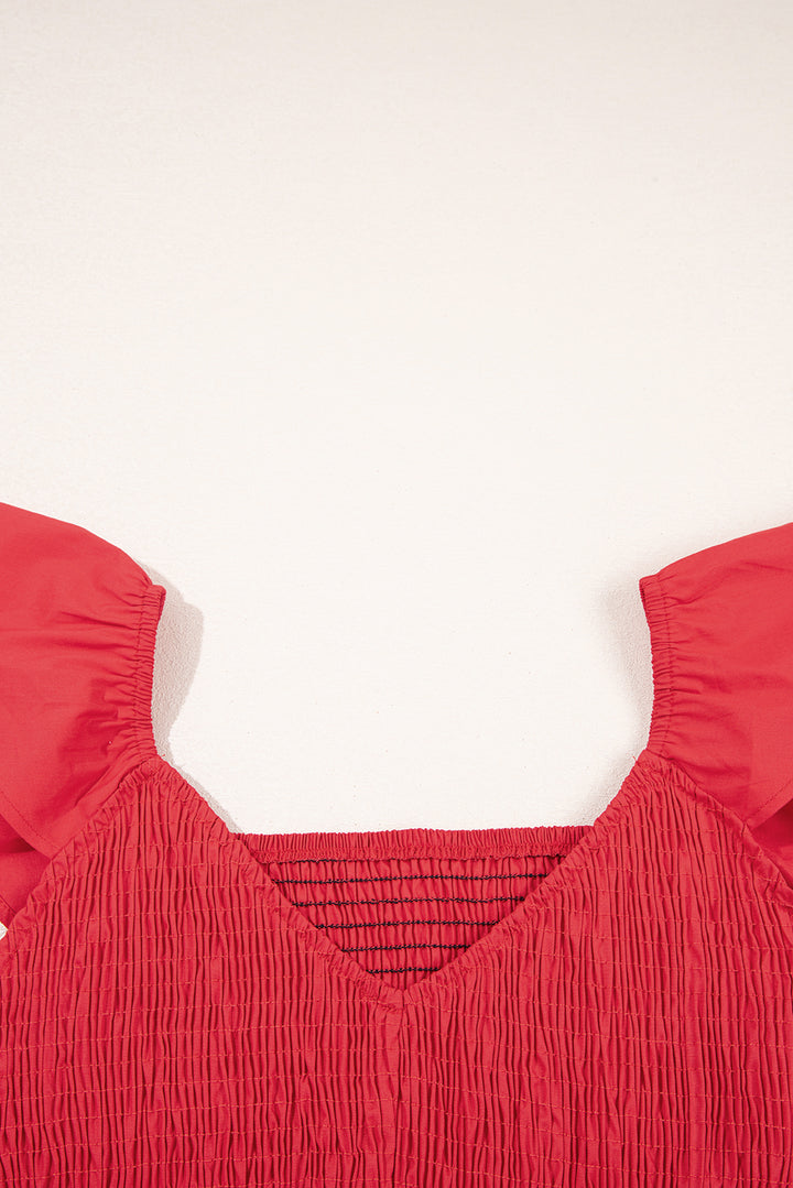 Fiery Red V Neck Flutter Sleeve Smocked Bodice High Waist Ruffle Maxi Dress