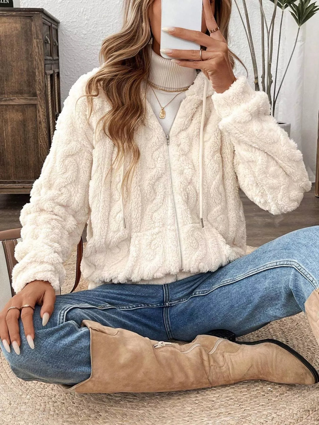 Drawstring Zip-Up Fleece Hooded Outerwear
