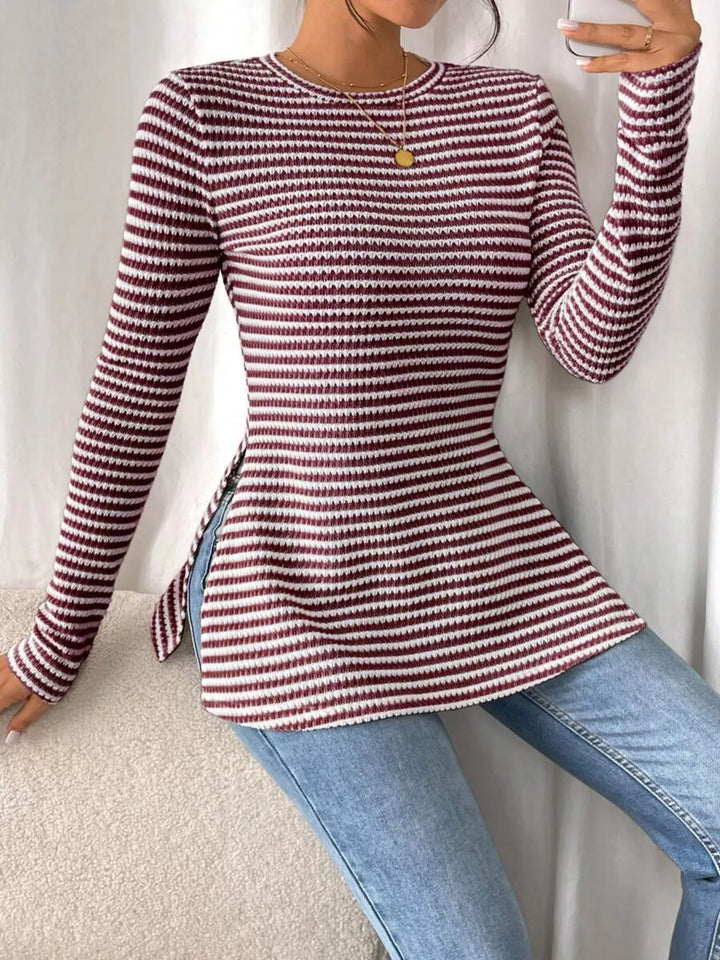 Slit Striped Long Sleeve Casual T-Shirt