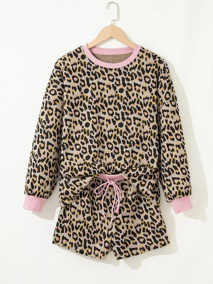 Leopard Print Contrast Edge Long Sleeve Pullover Shorts Set