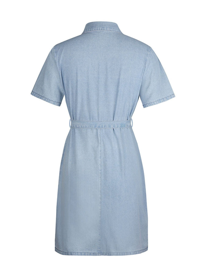 Zip Front Short Sleeve Denim Dress