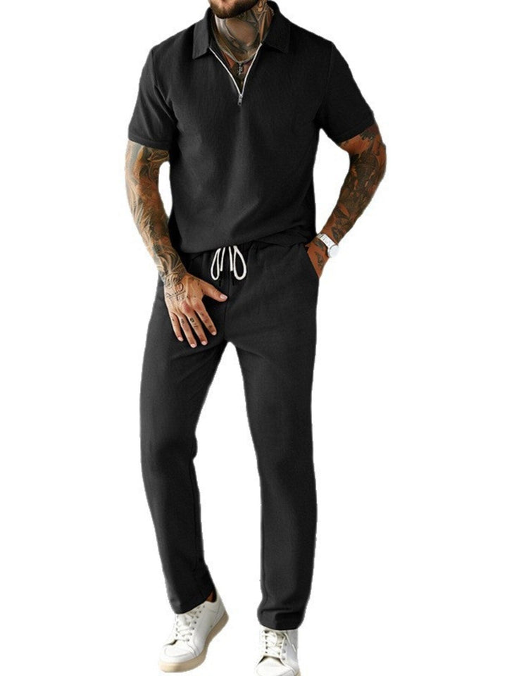 Men's Full Size Casual Zipper Polo Shirt and Drawstring Pants Set Plus Size