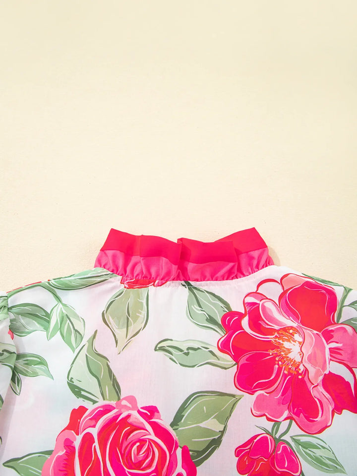 Floral Frilled V Neck Short Sleeve Blouse
