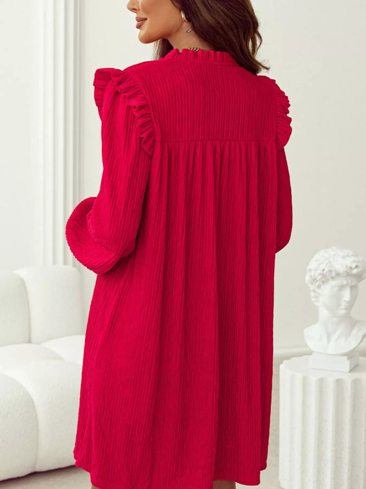 Textured Ruffled Trim Loose Fit Mini Dress