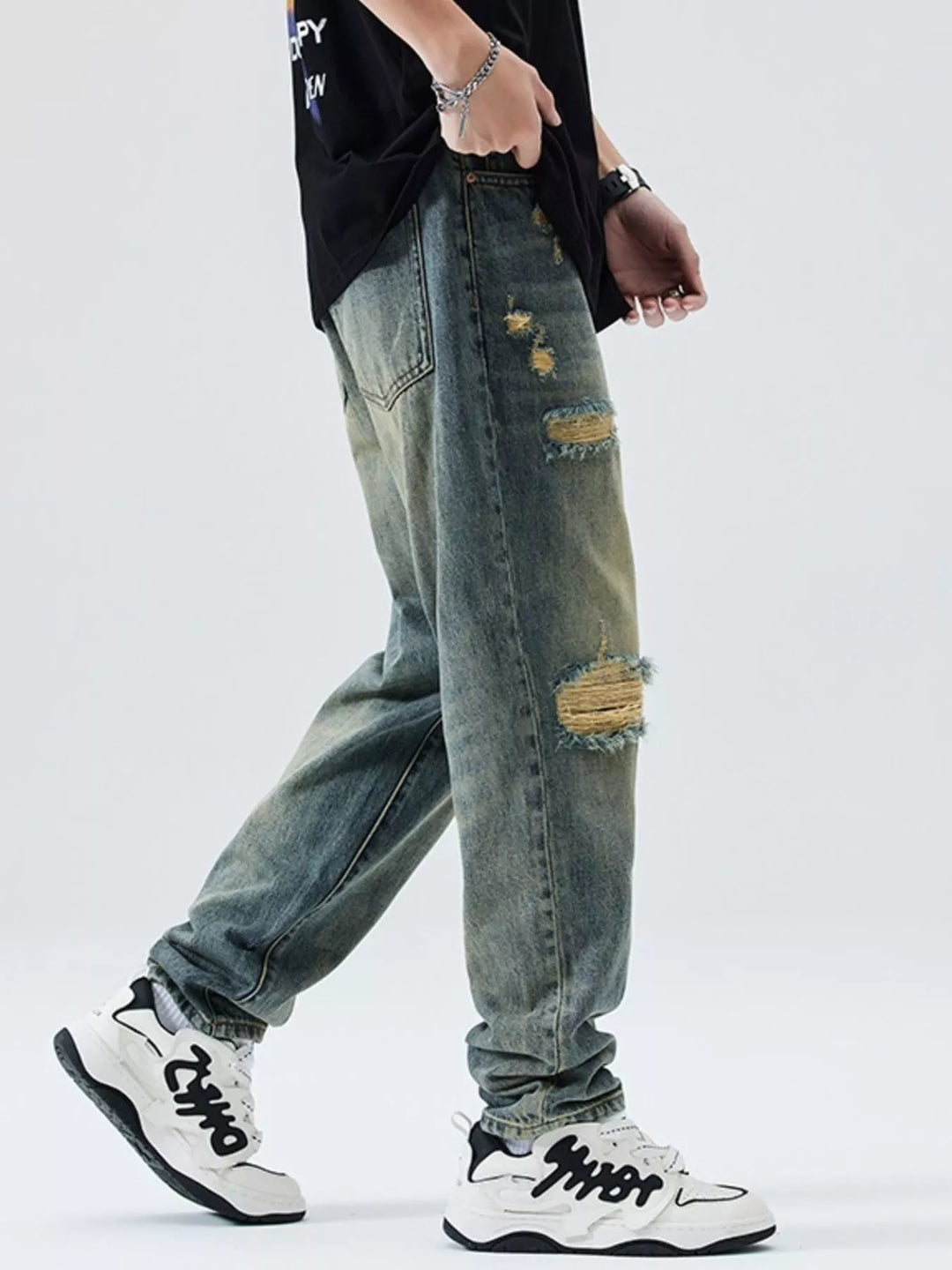 Men's Distressed Wide Leg Relaxed Fit Jeans