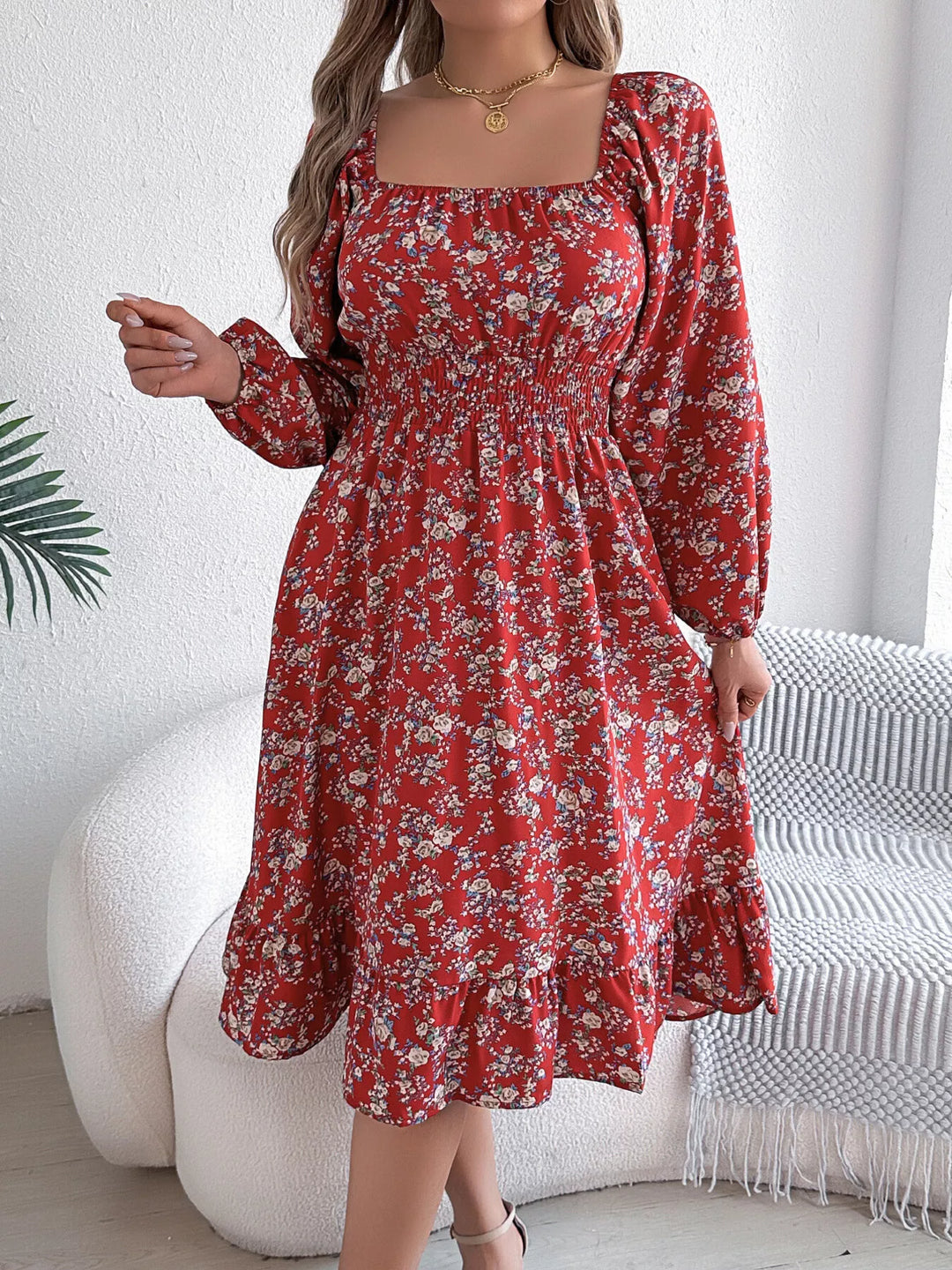 Floral Print Long Sleeve Square Neck Midi Dress