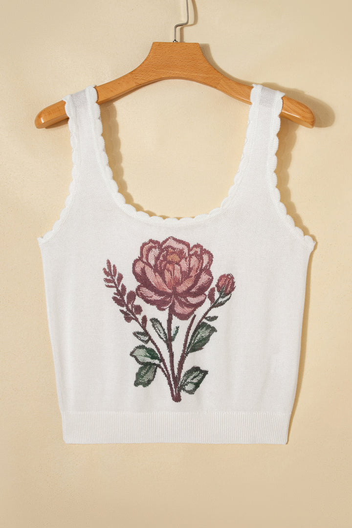 White Retro Floral Print Scalloped Square Neck Knit Sweater Vest