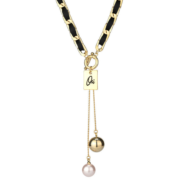 PU Leather Metal Chain Choker Necklace For Women, Titanium Steel Square Tag Pearl Tassel Short Collarbone Chain, Dainty Retro Fashion Jewelry