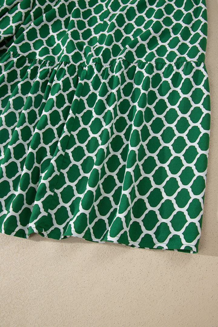 Green Plus Size Geometric Print Pocketed Ruffle Hem Casual Dress