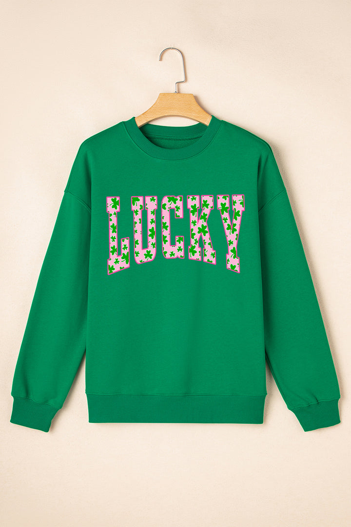 Dark Green LUCKY Clover Letter Printed Loose Pullover Sweatshirt