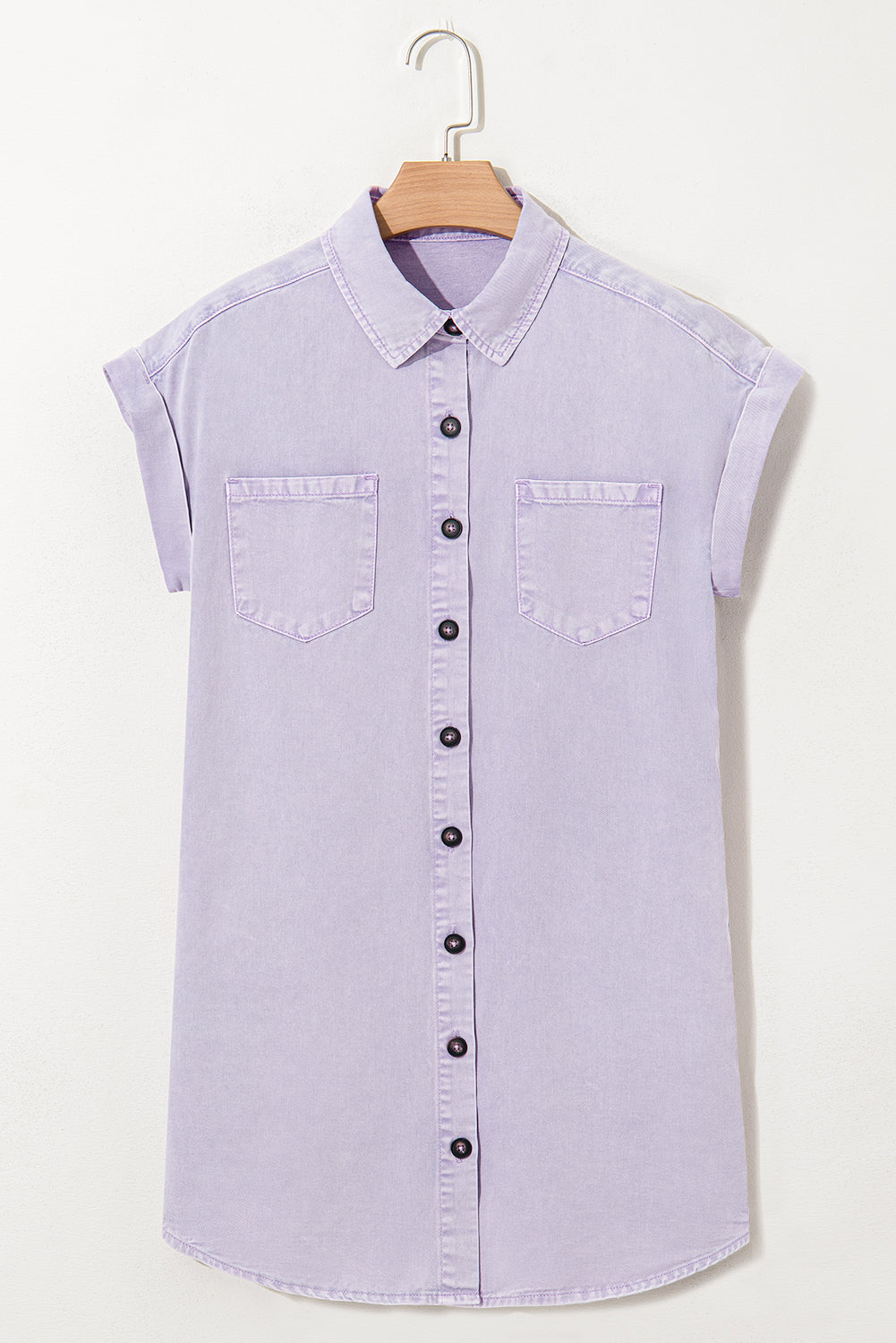 Robe chemise en jean à manches courtes et double poche poitrine à pétales d'orchidée