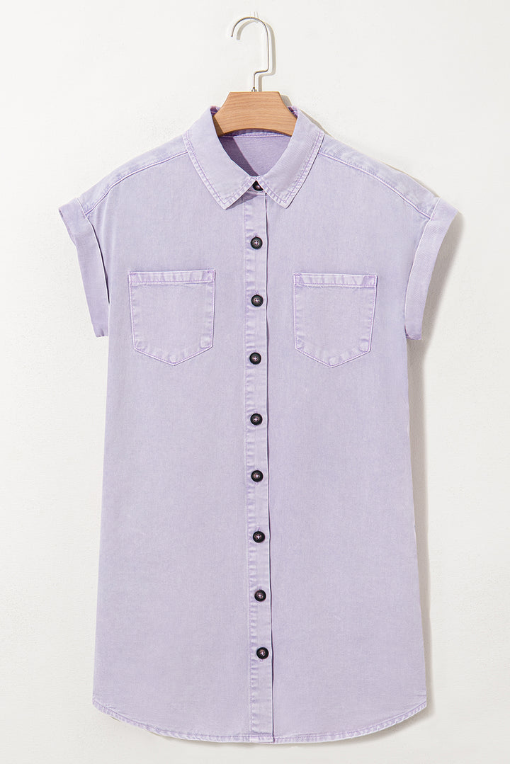 Robe chemise en jean à manches courtes et double poche poitrine à pétales d'orchidée