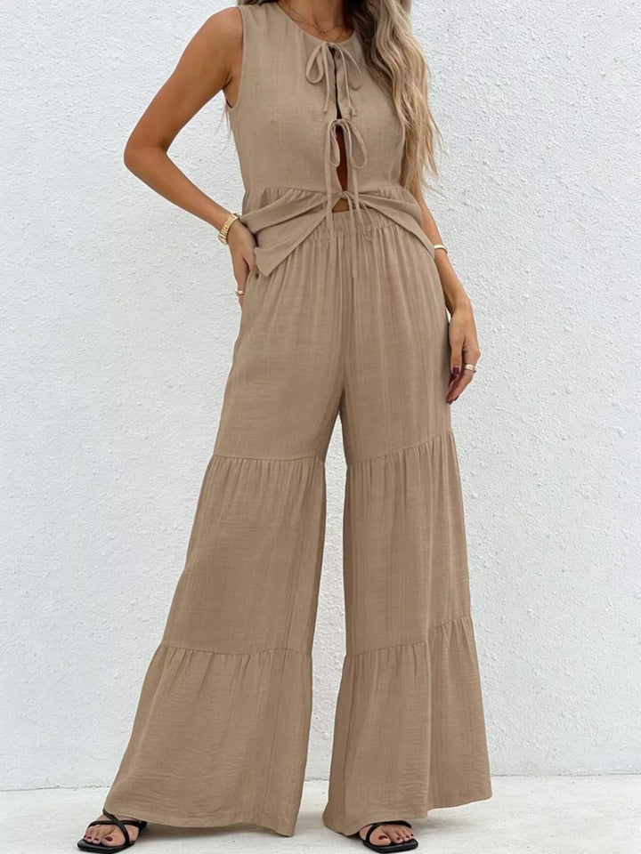Sleeveless Tie-Front Top and Wide Leg Pants Set