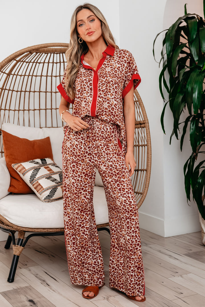 Brown Contrast Trim Leopard Top and Pant Set