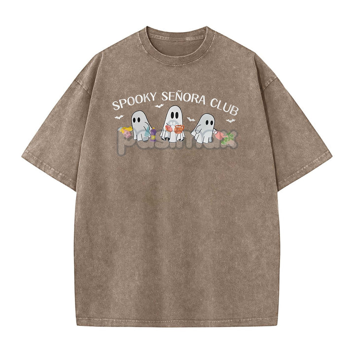 "Spooky Señora Club" Vintage Acid Wash T-Shirt – Unisex Graphic Shirt, Retro Vibe