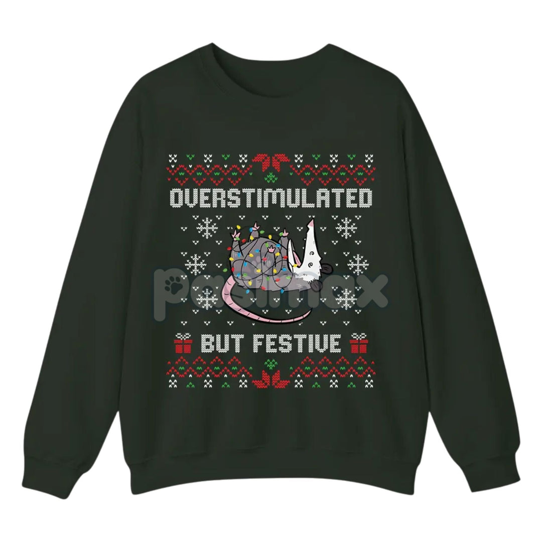 Funny Opossum Christmas Sweatshirt – "Overstimulated But Festive" Ugly Holiday Top