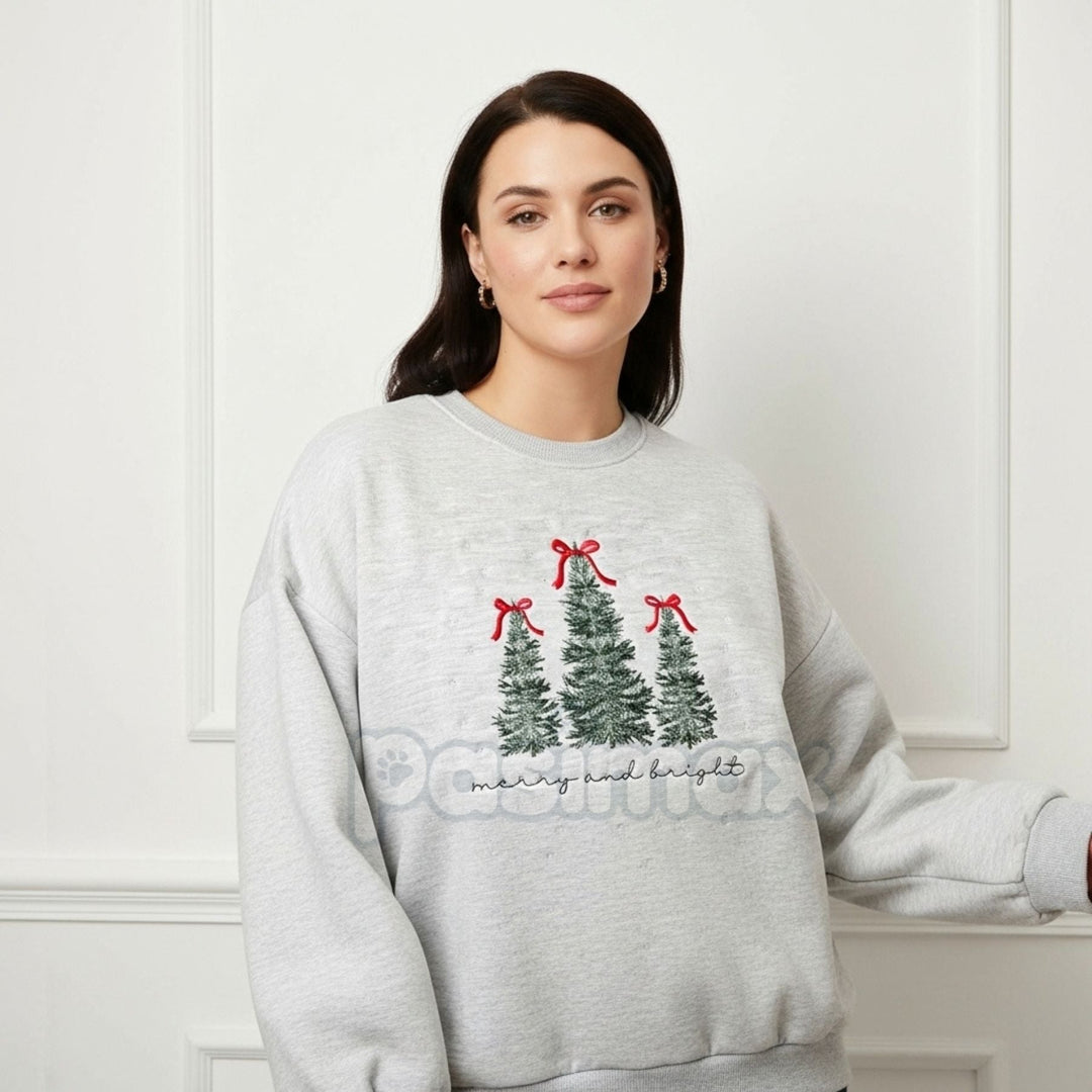 Merry & Bright Christmas Tree Embroidered Sweatshirt – Festive Holiday Crewneck