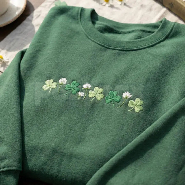 Embroidered Shamrock Meadow Crewneck – St. Patrick’s Day Lucky Four-Leaf Flower Sweatshirt