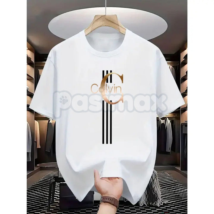 Men's Casual Calvin Print T-Shirt - Black & Gold Stripes Streetwear Tee, Comfortable Summer Crew Neck Top, Modern Urban Graphic Daily Essential Apparel