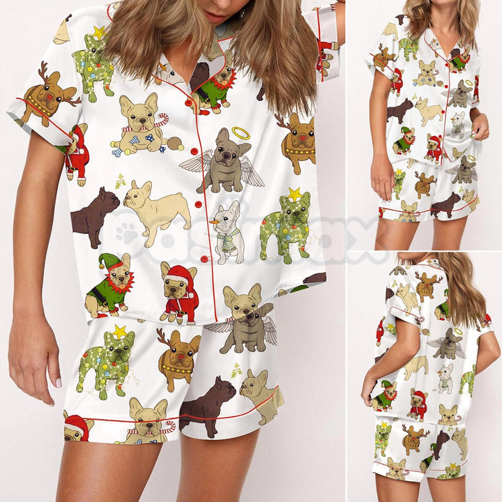 Christmas French Bulldog Satin Pajama Set for Women - Comfy Silky Sleepwear & Loungewear PJs