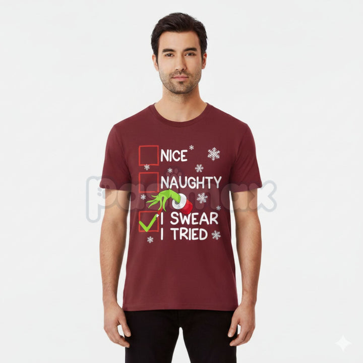 Groovy Naughty "I Swear I Tried" Christmas Holiday Unisex Tee - Funny Self-Aware Slogan Shirt, Retro Christmas Humor Apparel, Unisex Holiday Gift