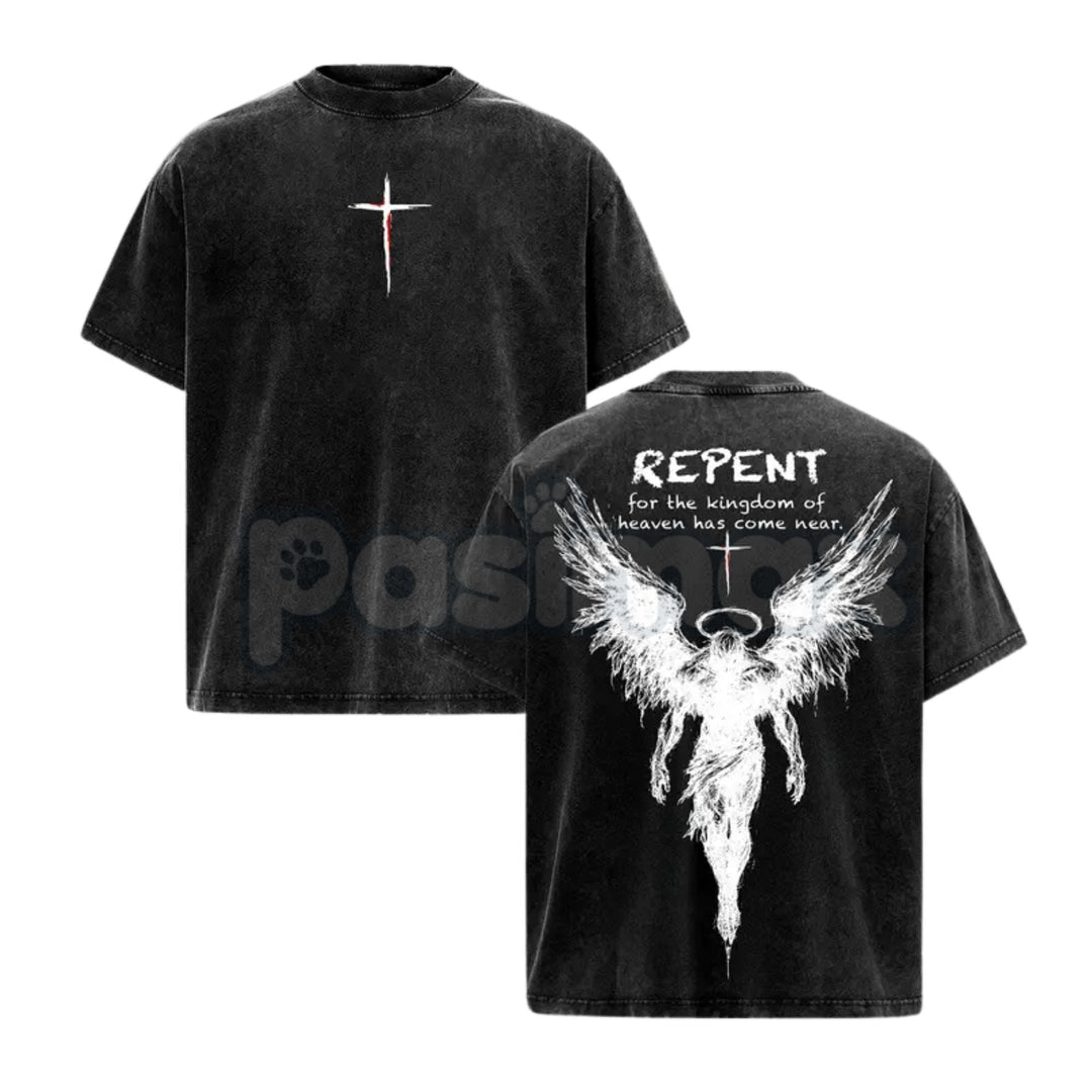 The Kingdom Mandate: Repent Vintage Washed Tee – Heavy Cotton Christian Streetwear, Gospel Angel Wings Shirt
