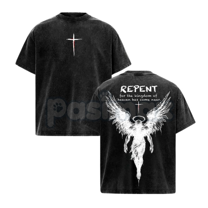 The Kingdom Mandate: Repent Vintage Washed Tee – Heavy Cotton Christian Streetwear, Gospel Angel Wings Shirt