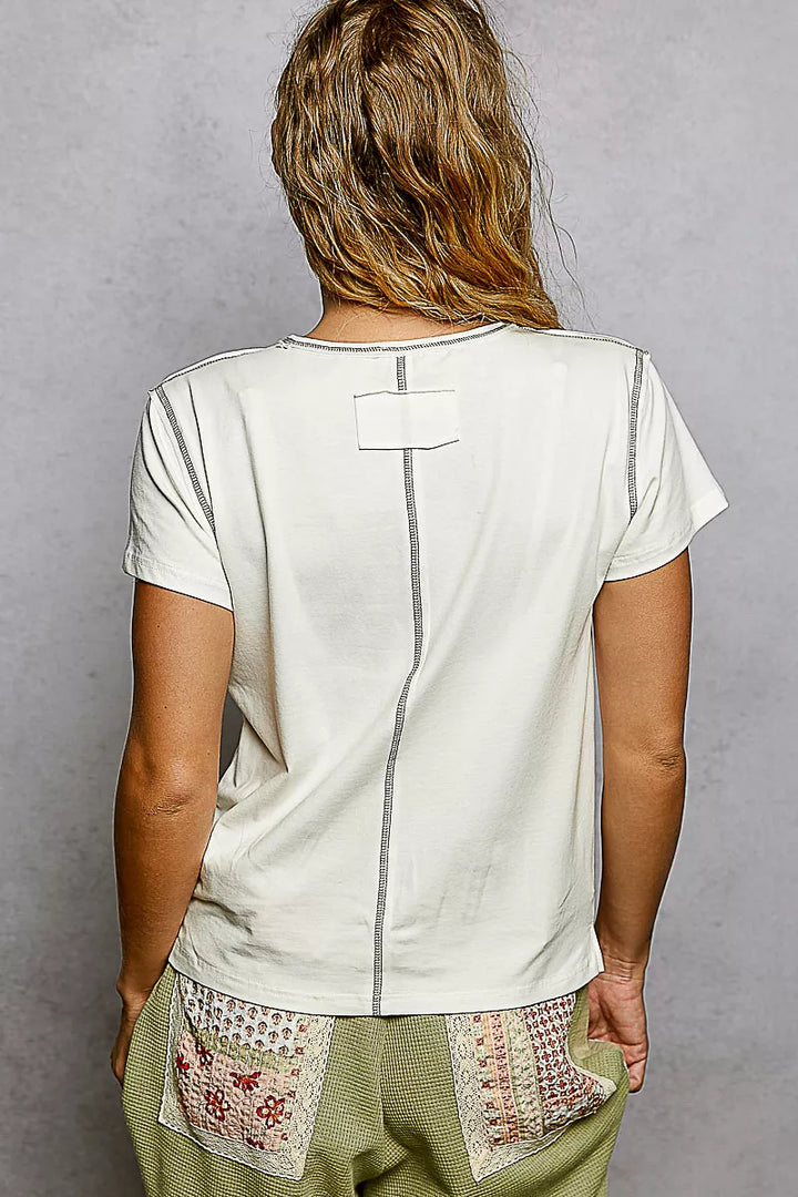 POL Contrast Stitching Round Neck Short Sleeve T-Shirt