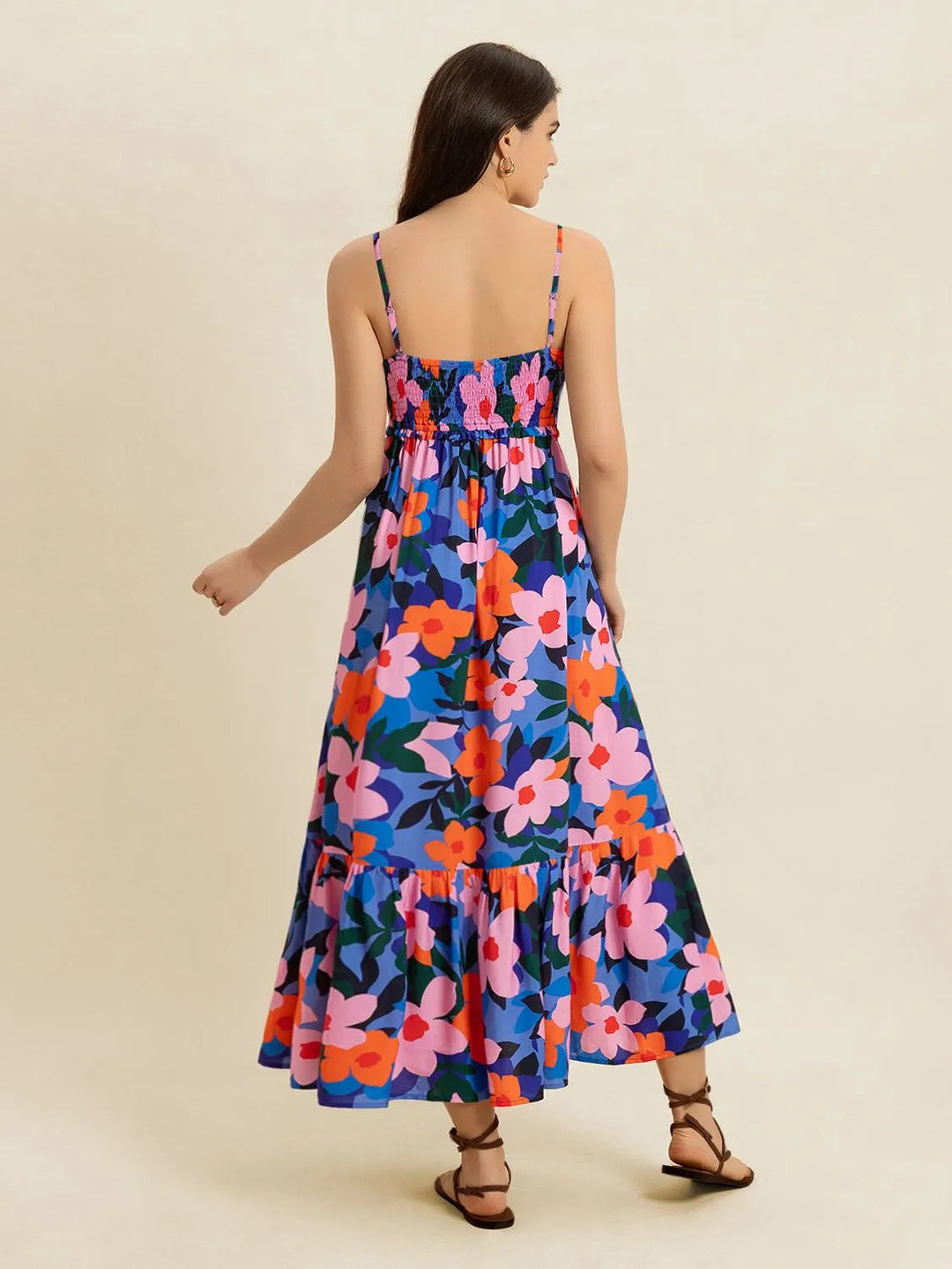 Smocked Back Ruffled Hem Printed Cami Dress