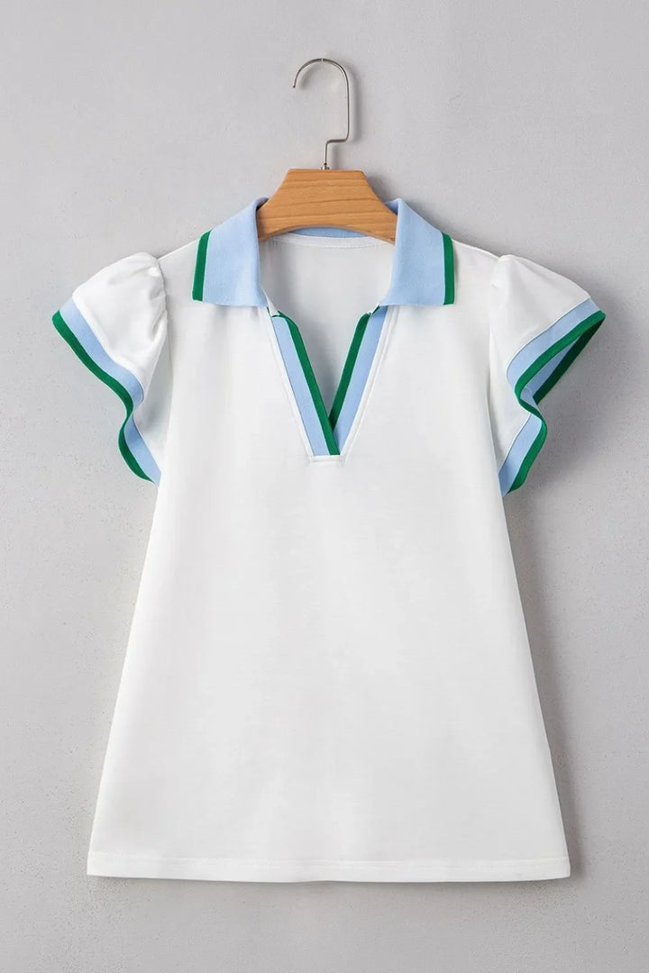 Contrast Ruffled Sleeve Collared V Neck Blouse