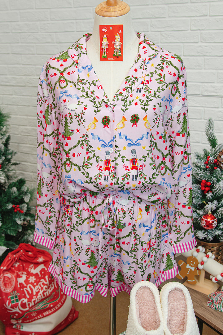 Pink Christmas Holiday Print Nutcracker Long Sleeve Shorts 2pcs Pajama Set