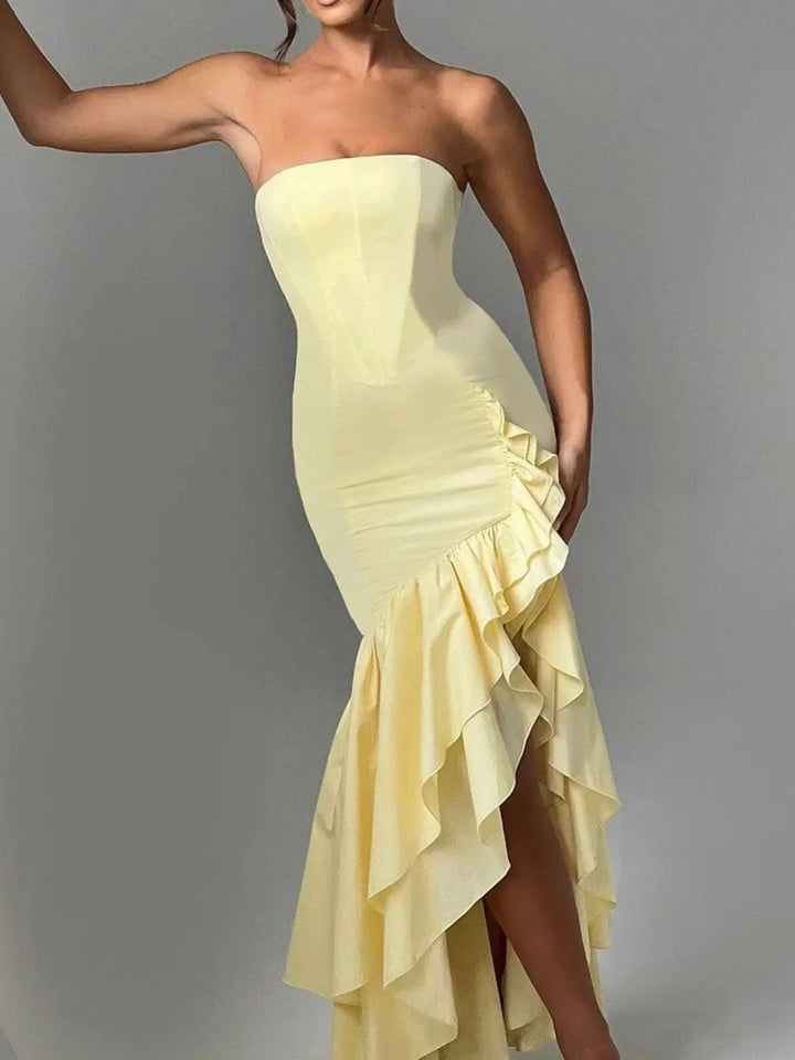 Strapless Ruffle High-Low Bodycon Dress