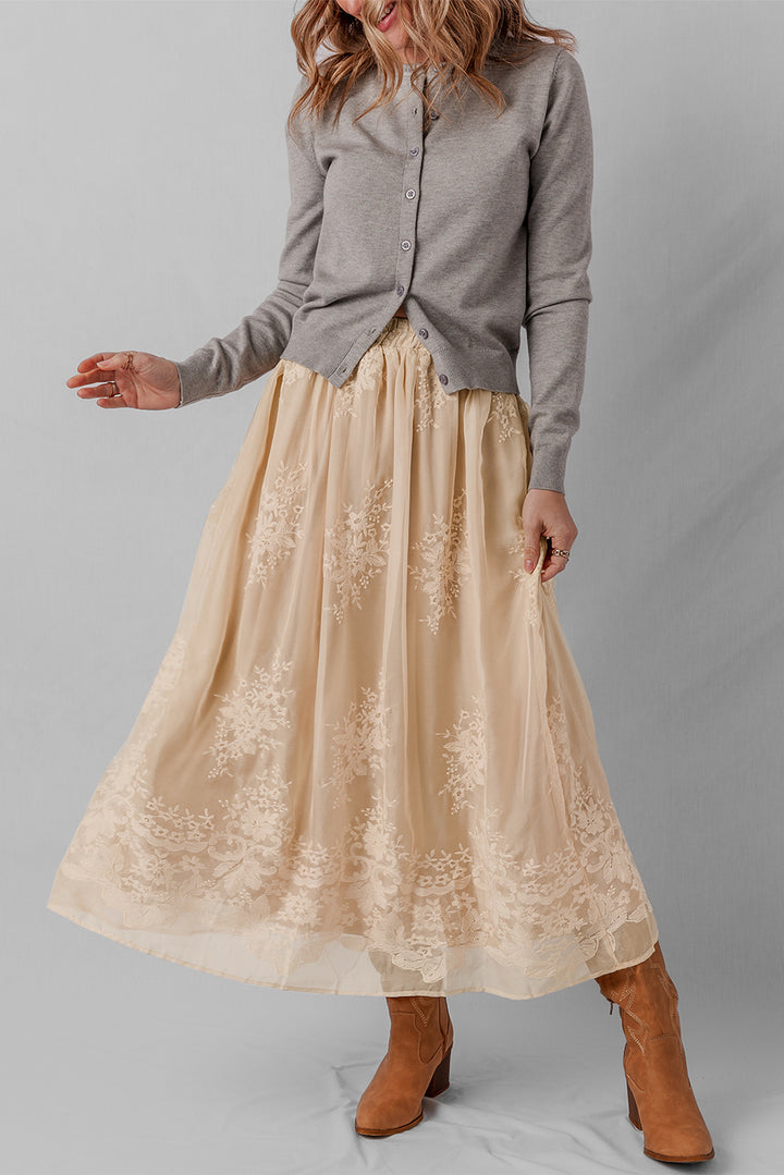 Oatmeal Embroidered Mesh Overlay Flowy Long Skirt