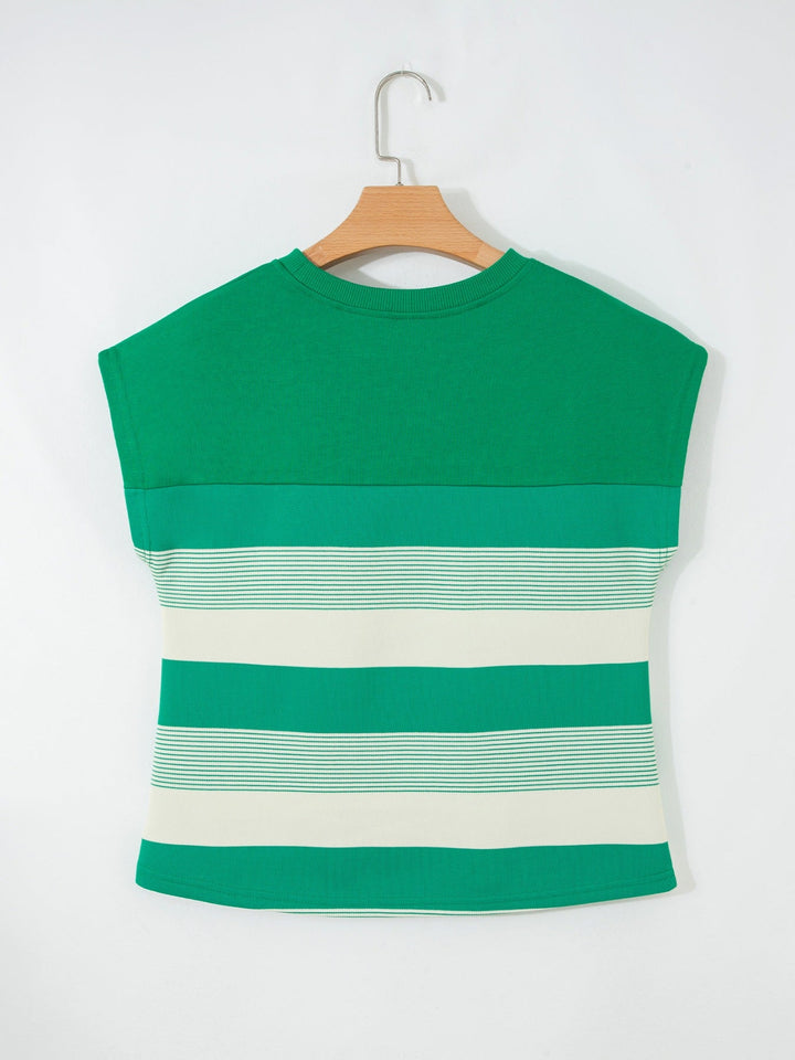 Stripe Mixed Print Crew Neck Cap Sleeve T Shirt