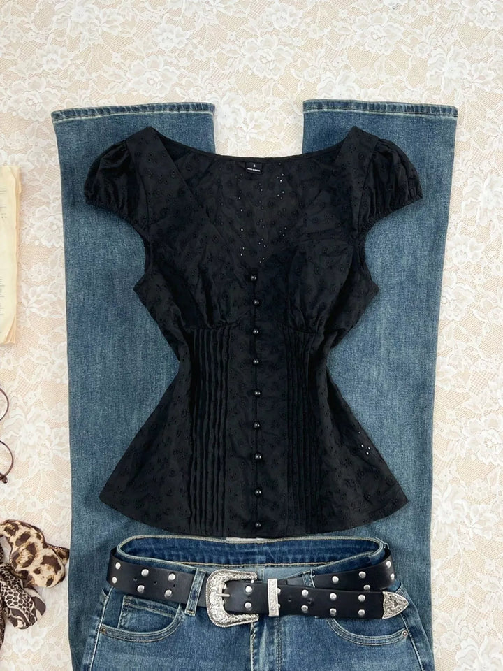 Lace V-Neck Cap Sleeve Blouse