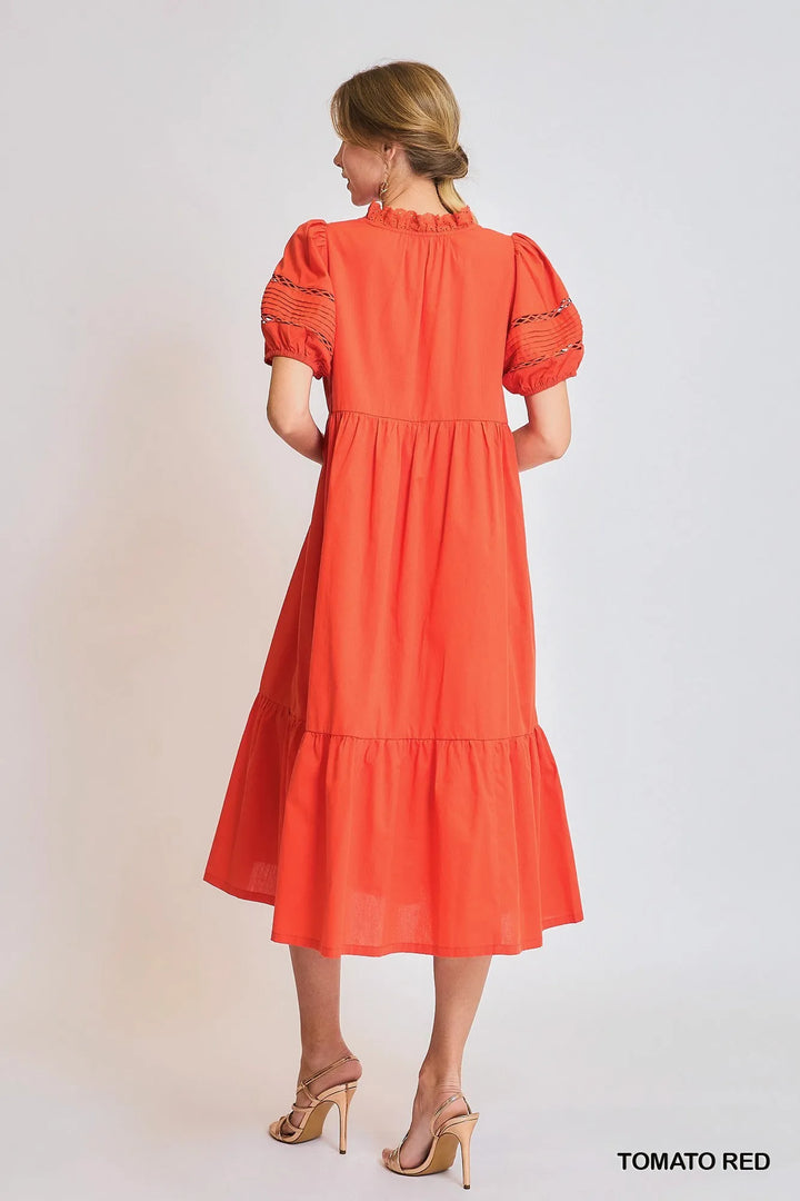 Umgee Short Sleeve Lace-Trim Ruffled Midi Dress