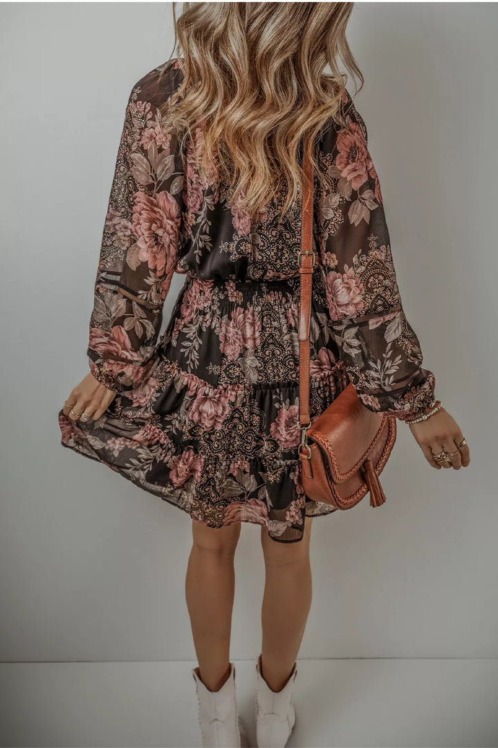 Floral Print Tie Neck Mini Dress