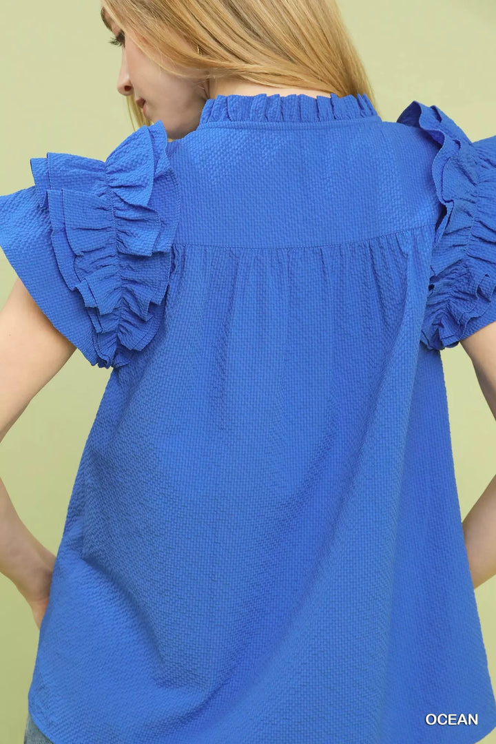 Umgee Textured Ruffle Sleeve Notched Top