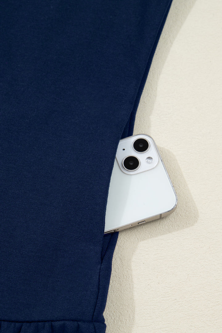 Navy Blue Contrast Striped Cuffs Polo Collar Patchwork Long Sleeve Ruffle Hem Mini Dress