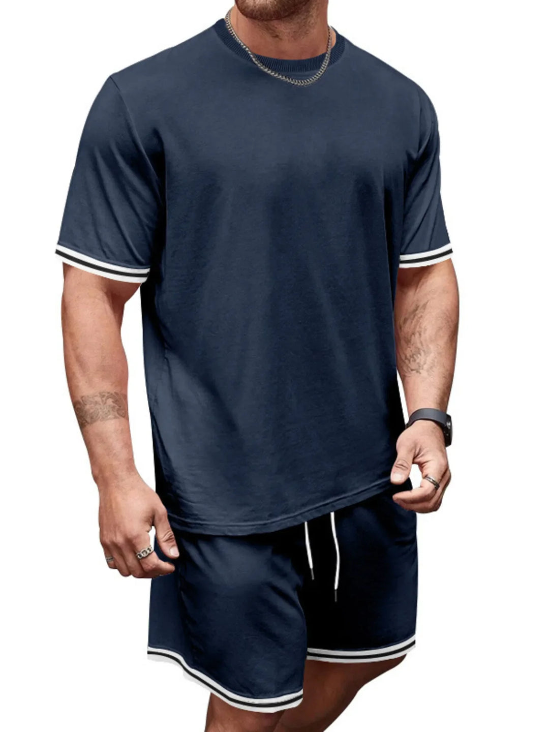 Men's Full Size Striped Short Sleeve Tee and Shorts Set Plus Size
