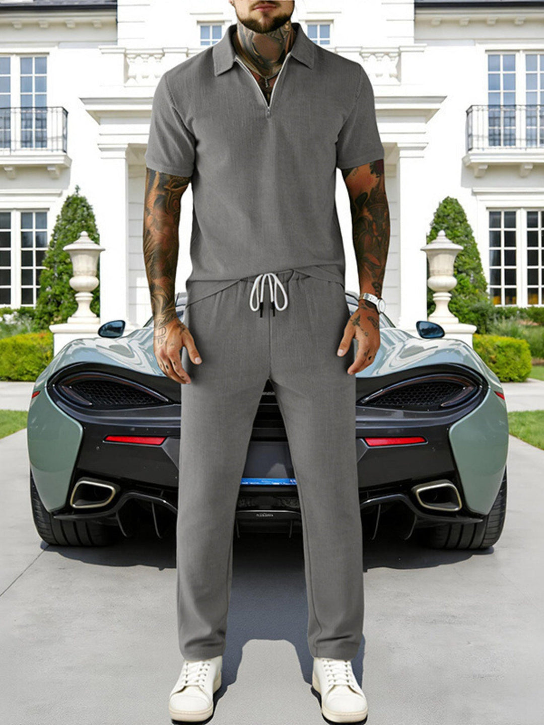 Men's Full Size Casual Zipper Polo Shirt and Drawstring Pants Set Plus Size